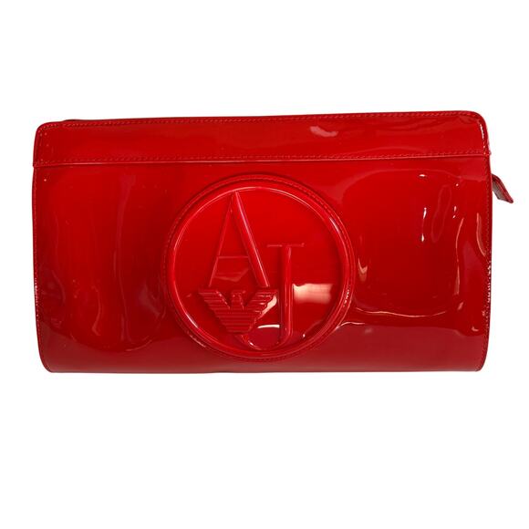 Armani Jeans Patent Leather Red Clutch Purse Bag Pocketbook EUC Zip Top STUNNING - Picture 1 of 12